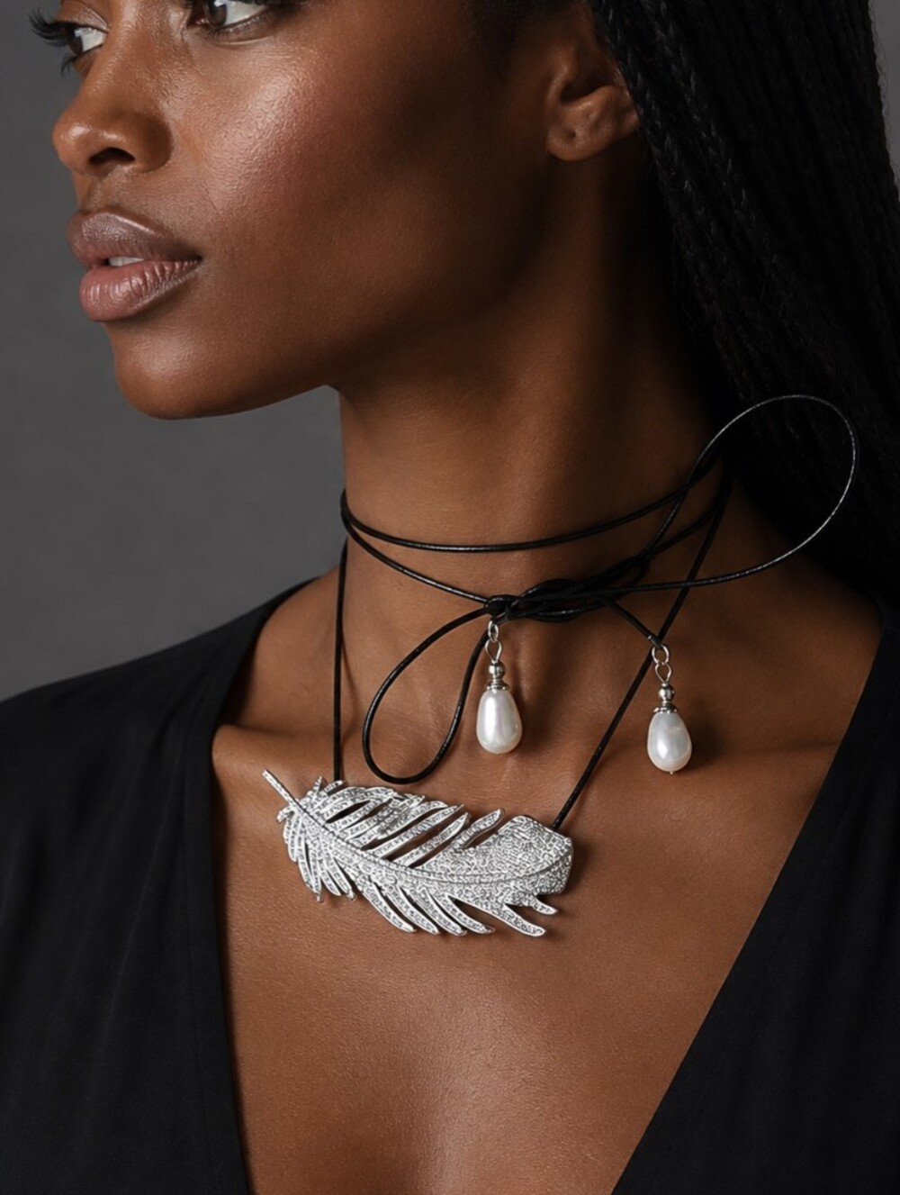 Platinum White Topaz Pave Feather Naural Pearl Genuine Leather Necklace/Lariat